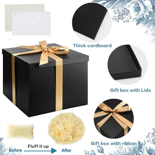 Juego Cajas Regalo, Caja Regalo negro con tapas Caja regalo profundo con cinta 23x23x18cm Caja regalo Papel seda triturado Tarjetas felicitación para Navidad Cumpleaños Aniversario Bodas