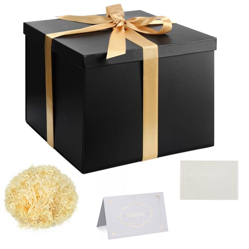 Juego Cajas Regalo, Caja Regalo negro con tapas Caja regalo profundo con cinta 23x23x18cm Caja regalo Papel seda triturado Tarjetas felicitación para Navidad Cumpleaños Aniversario Bodas