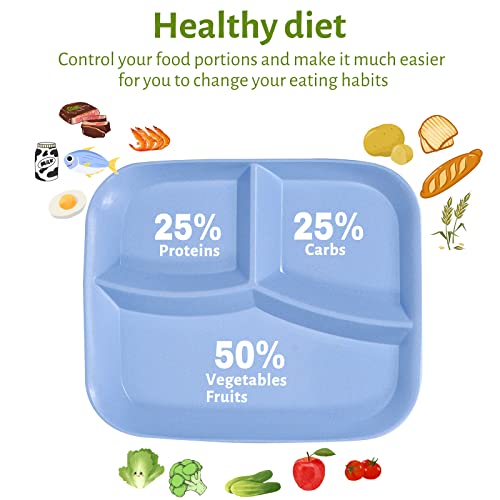 Juego de 4 Platos Irrompibles Plastico Divididos en 3 para Dieta Platos de Control de Porciones para Adultos, Reutilizable, sin BPA 22 x 25 cm, Camping Bandejas,Apto para Microondas y Lavavajillas