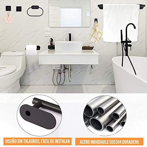 Juego de Accesorios de Baño - Herrajes de Acero Inoxidable de 6 Piezas, Toallero de Baño + Soporte de Papel Higiénico + 3 Ganchos para Albornoz (Negro)