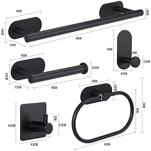 Juego de Accesorios de Baño - Herrajes de Acero Inoxidable de 6 Piezas, Toallero de Baño + Soporte de Papel Higiénico + 3 Ganchos para Albornoz (Negro)