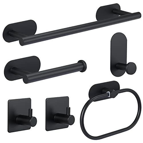 Juego de Accesorios de Baño - Herrajes de Acero Inoxidable de 6 Piezas, Toallero de Baño + Soporte de Papel Higiénico + 3 Ganchos para Albornoz (Negro)