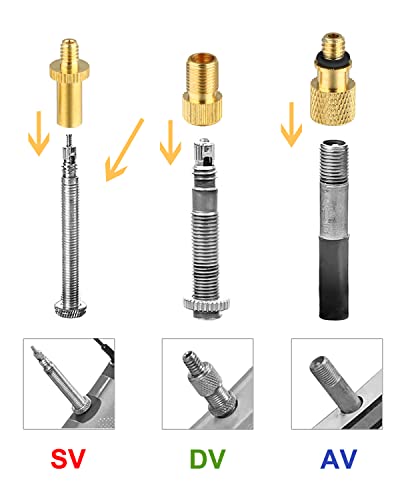 Juego de adaptadores de válvula de bicicleta, 28 piezas, caja de metal, para todas las válvulas Dunlop, válvulas de bicicleta, Sclaverand (DV, AV SV) – con adaptadores cónicos y agujas de bola