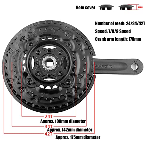 Juego de bielas para bicicleta de montaña de 7/8/9 velocidades, 170 mm, 104 BCD, bielas de acero de alto carbono 24 34 42T con cubierta de cadenas para bicicleta de carretera MTB de velocidad variable