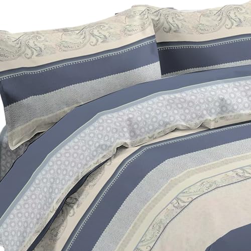 Juego de Funda Nórdica 4 Piezas Cama 135 Microfibra Suave Transpirable - 1 Funda Edredón 220x220 cm, 1 Bajera 135x200+28 cm y 2 Fundas de Almohada 50x75 cm (Azul Marino y Beige)