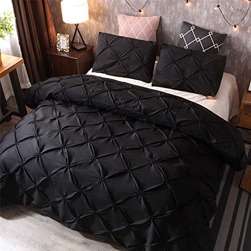 Juego De Funda Nórdica Juego De con Microfibra Suave, Ropa De Cama Plisada Funda Nórdica con Cremallera Y Lazos En La Esquina Juego De Funda De Colcha (Negro, 240 × 220cm- Cama 150cm)