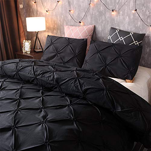 Juego De Funda Nórdica Juego De con Microfibra Suave, Ropa De Cama Plisada Funda Nórdica con Cremallera Y Lazos En La Esquina Juego De Funda De Colcha (Negro, 240 × 220cm- Cama 150cm)