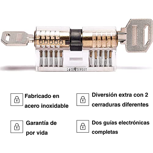 Juego de Ganzúas Cerrajería Profesional 7 en 1 con Cerradura para Puertas de Bombín Cerradura Transparente 2 en 1 de LockCowboy + Incluye Libro Electrónico para Cerrajeros Principiantes y Avanzados