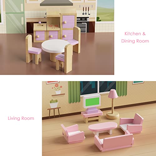 Juego de Muebles para Casas de Muñecas de Madera, 5 Habitaciones 22 Mini Muebles Accesorios Casa de Juegos de Muñecas para Niñas Niños Incluye Cocina Comedor Sala Dormitorio Baño