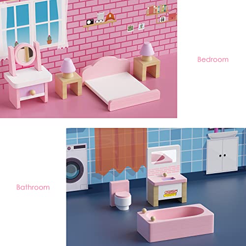 Juego de Muebles para Casas de Muñecas de Madera, 5 Habitaciones 22 Mini Muebles Accesorios Casa de Juegos de Muñecas para Niñas Niños Incluye Cocina Comedor Sala Dormitorio Baño