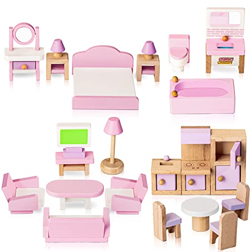 Juego de Muebles para Casas de Muñecas de Madera, 5 Habitaciones 22 Mini Muebles Accesorios Casa de Juegos de Muñecas para Niñas Niños Incluye Cocina Comedor Sala Dormitorio Baño