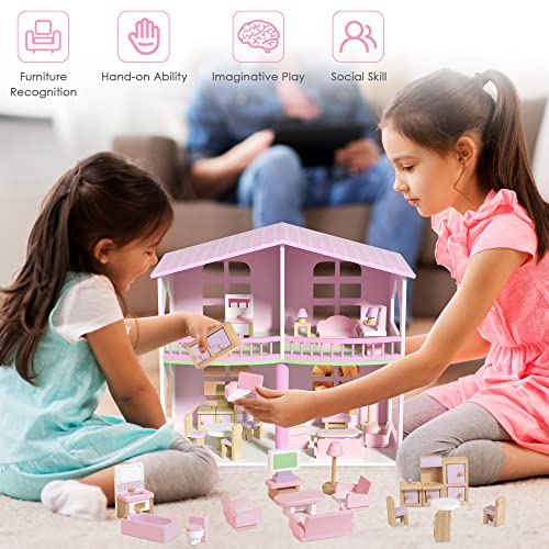 Juego de Muebles para Casas de Muñecas de Madera, 5 Habitaciones 22 Mini Muebles Accesorios Casa de Juegos de Muñecas para Niñas Niños Incluye Cocina Comedor Sala Dormitorio Baño