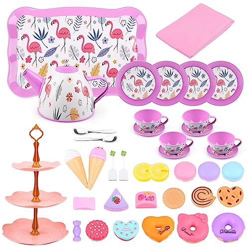 Juego De Té Infantil Juguete Postre Cocina Juguetes Juegos de Simulación Té Infantil para Niñas 3 4 5 6 7 8 Años (Flamenco)