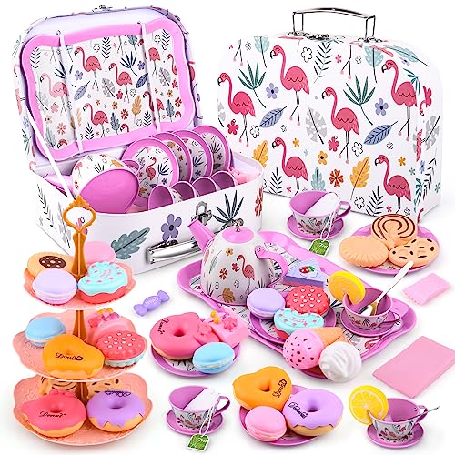 Juego De Té Infantil Juguete Postre Cocina Juguetes Juegos de Simulación Té Infantil para Niñas 3 4 5 6 7 8 Años (Flamenco)