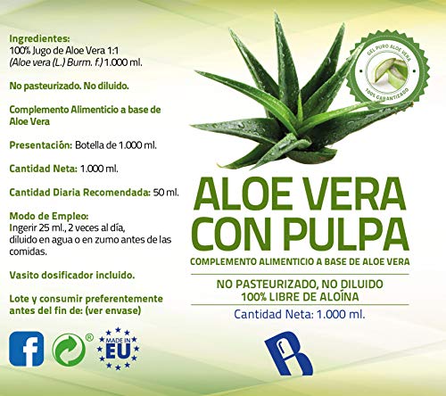 Jugo de Aloe Vera Puro -Concentrado a Base de Jugo de Aloe Vera con Pulpa -1 L - Ideal para Regular el Tránsito Intestinal - Favorece las Digestiones - Potente Efecto Antioxidante