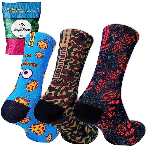 Jungle Socks, Pack de 3 Calcetines Deportivos Divertidos para Crossfit, Gimansio, Ciclismo, Running, Pádel, Halterofilia, Trekking. Cómodos, Resistentes y Sin Costuras. Diseñado en Europa.