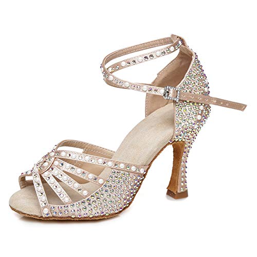 JUODVMP Zapatos de Baile Latino para Mujer Rhinestones Desnudo Estándar Salsa de Salón Tango Moderno Profesional 7.5cm Tacón, Modelo YCL430,38EU