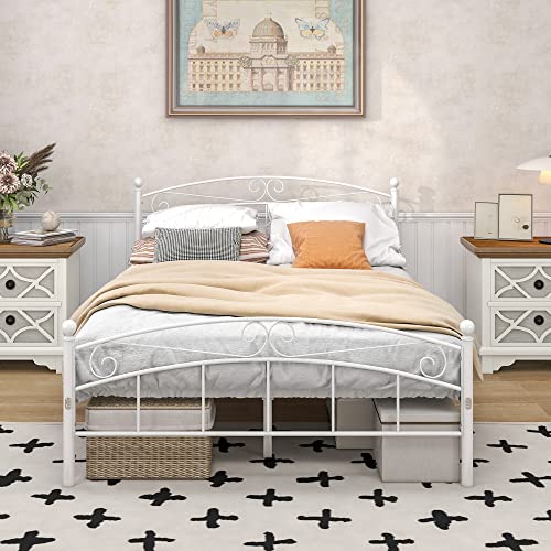 JURMERRY Marco de cama doble con cabecera de metal y estribo de estilo moderno, plataforma de cama de acero, listones resistentes, base de cama, reemplazo de somier, color blanco