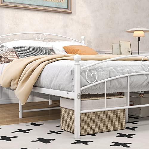 JURMERRY Marco de cama doble con cabecera de metal y estribo de estilo moderno, plataforma de cama de acero, listones resistentes, base de cama, reemplazo de somier, color blanco