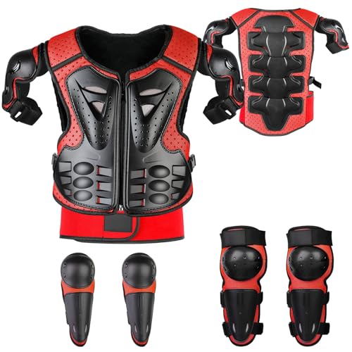 JUSTDOLIFE 5 Piezas Motos Ropa Protectora Niños, Rodillera Transpirable Protector de Pecho Equipo de protección para Motocross,Ciclismo,Esquí,Patinaje(rojo)