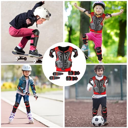 JUSTDOLIFE 5 Piezas Motos Ropa Protectora Niños, Rodillera Transpirable Protector de Pecho Equipo de protección para Motocross,Ciclismo,Esquí,Patinaje(rojo)