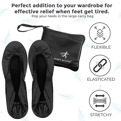 Juszt Active Zapatos de ballet plegables para mujer, zapatos enrollables portátiles para después de la fiesta, zapatos planos con lentejuelaslisos con bolsa de transporte plegable a juego, Black