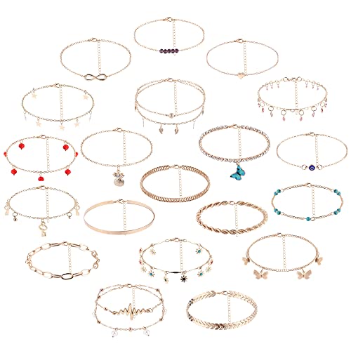 Kakonia 20 Piezas Pulseras de Tobillo para Mujer Encantos Lindos Ojos Malvados Pulseras de Tobillo de Mariposa Boho Beach Tobilleras de Cadena en Capas Joyería de Pie