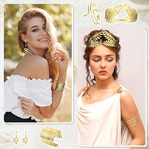 Kakonia Juego de accesorios para disfraz de diosa griega para mujer, corona de hoja de laurel dorada, diadema de serpiente pulsera de bobina, aretes colgantes dorados