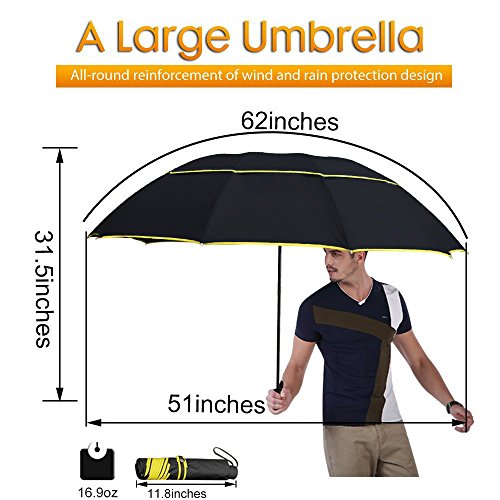 Kalolary Paraguas de Golf Extra Grande y Plegable a Prueba lluvia Compacto de Gran Tamaño, Doble Toldo para Viaje con Ventilación Impermeable para Mujeres y hombres Uso el Hogar (Negro)