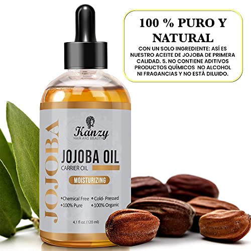 Kanzy Aceite de Jojoba Bio 100% Puro 120ml Orgánico Prensado en Frio Vegano Natural Hidratante para Cabello, Cara, Cuticulas, Cuerpo y Uñas Jojoba Oil Sin Hexano