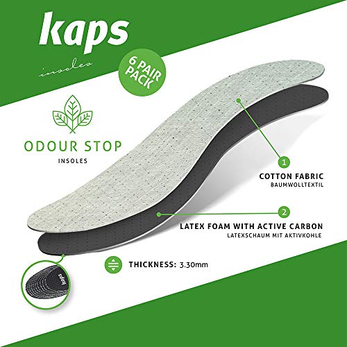 Kaps Paquete de 6 Pares de Plantillas para Calzado, unisex, Anti-Olor con Olor a Carbón Vegetal, Insertos para Zapatos, Odour Stop, Corte a Su Medida, Gris