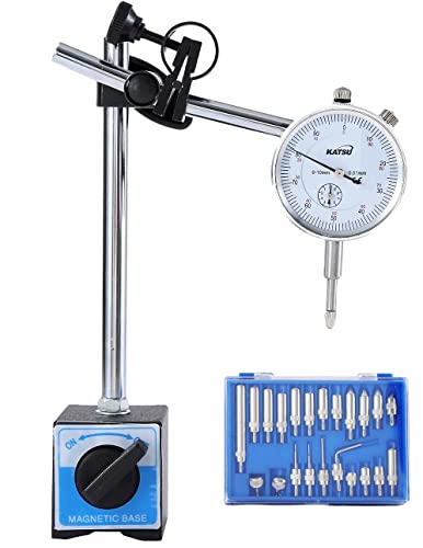 KATSU Indicador de Carátula Calibre DTI 0-10 mm con Base Magnética y 22 Piezas Juego de Puntos Indicadores, Herramientas de Medición de Alta Precisión 40111965