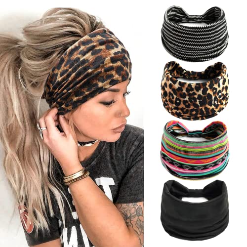 KAVYA 4 piezas Diadema Mujer, Elásticas Anchas Diademas Suaves, Bohemias Estampado Cintas de Pelo de Leopardo, Para Yoga Ejercicio Diario Fitness(A)