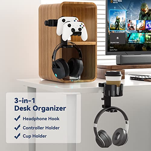 KDD Soporte Auriculares Gaming Rotación de 360°- 3 en 1 Soporte Mando & Reemplazable Soporte Vaso - Soporte Cascos Gaming en ABS, Compatible con Auriculares Universales, Controladores y Vasos (Negro)