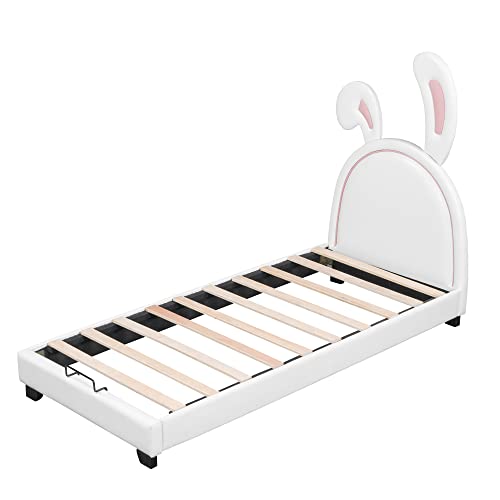 KecDuey Cama acolchada de 90 x 200 cm, cuna con somier y respaldo, cama para niñas en forma de orejas de conejo con pies elevados, color blanco (colchón no incluido) (blanco)