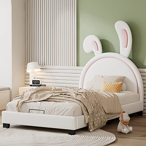 KecDuey Cama acolchada de 90 x 200 cm, cuna con somier y respaldo, cama para niñas en forma de orejas de conejo con pies elevados, color blanco (colchón no incluido) (blanco)