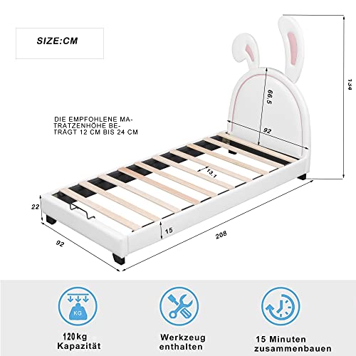 KecDuey Cama acolchada de 90 x 200 cm, cuna con somier y respaldo, cama para niñas en forma de orejas de conejo con pies elevados, color blanco (colchón no incluido) (blanco)