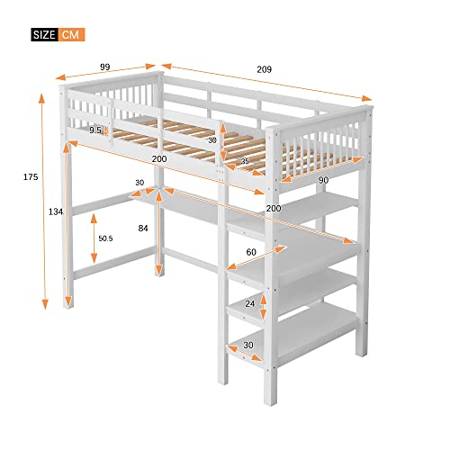 KecDuey Cama alta con somier de láminas de madera, con escaleras, estantes y escritorio bajo la cama (blanco, 90 x 200 cm)