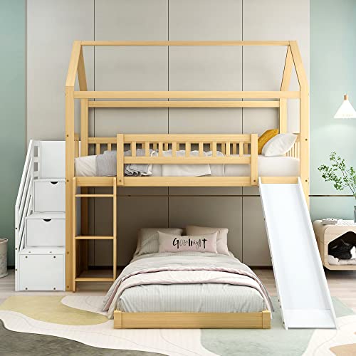 KecDuey Cama infantil de 200x90cm,litera con espacio de almacenamiento,pasamanos y escalera de ángulo recto,cama con tobogán, con protección contra caídas y rejilla, marco de madera, Blanco