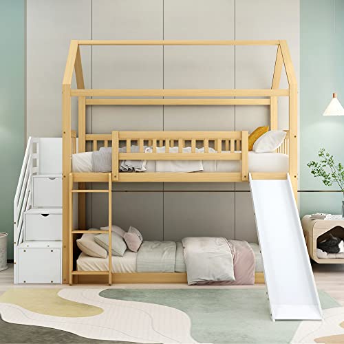 KecDuey Cama infantil de 200x90cm,litera con espacio de almacenamiento,pasamanos y escalera de ángulo recto,cama con tobogán, con protección contra caídas y rejilla, marco de madera, Blanco