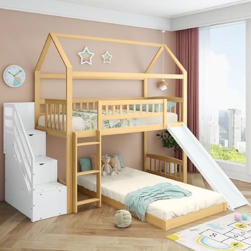 KecDuey Cama infantil de 200x90cm,litera con espacio de almacenamiento,pasamanos y escalera de ángulo recto,cama con tobogán, con protección contra caídas y rejilla, marco de madera, Blanco