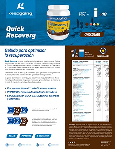 Keepgoing Quick Recovery Bebida Recuperadora en Polvo Sabor Chocolate | Recuperador Muscular para Deportistas | Recovery Drink | Recovery Ciclismo | Recuperador Muscular Running | 600 g