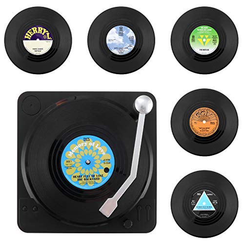 KEESIN - 6 posavasos de vinilo antideslizantes y aislantes con diseño de discos retro, para café u otras bebidas, con soporte para los discos, color verde