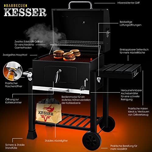 KESSER® Grill, carro de parrilla de carbón XXL con tapa, ruedas, mango de acero inoxidable, rejilla y termómetro, carro de parrilla de carbón grande, barbacoa, camping, terraza, jardín. (schwarz)