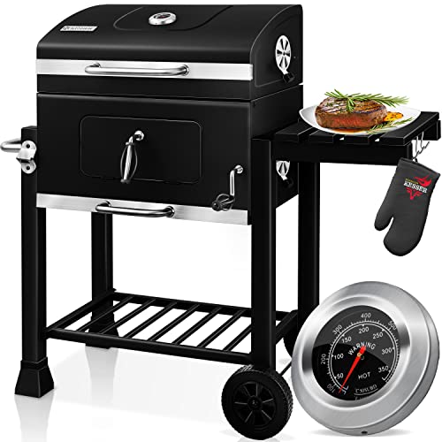 KESSER® Grill, carro de parrilla de carbón XXL con tapa, ruedas, mango de acero inoxidable, rejilla y termómetro, carro de parrilla de carbón grande, barbacoa, camping, terraza, jardín. (schwarz)