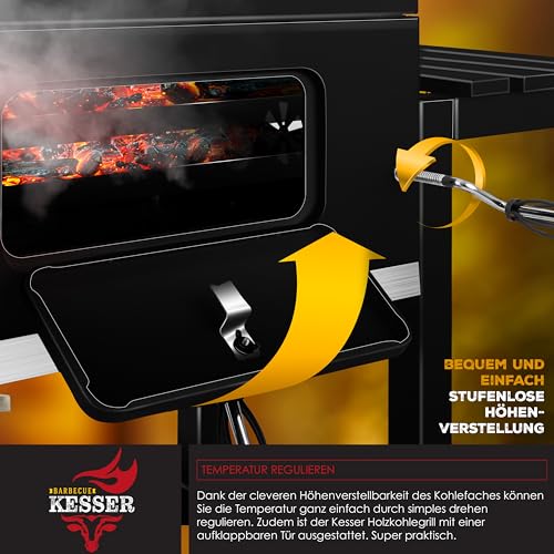 KESSER® Grill, carro de parrilla de carbón XXL con tapa, ruedas, mango de acero inoxidable, rejilla y termómetro, carro de parrilla de carbón grande, barbacoa, camping, terraza, jardín. (schwarz)