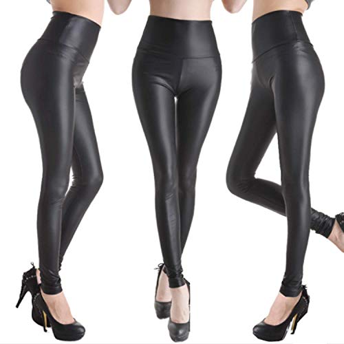 Keybella Leggings de piel sintética de cintura alta para mujer, Negro , L