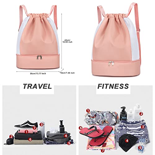 Keyck Bolsas de Cuerdas Mochila Mujer Chica, Gym Sack Impermeable Saco Gimnasia con Compartimento Zapatos y Bolsillo Húmedo, Oxford Drawstring Backpack Para Deporte Playa Escuela Viajes, Rosado