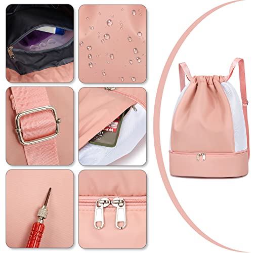 Keyck Bolsas de Cuerdas Mochila Mujer Chica, Gym Sack Impermeable Saco Gimnasia con Compartimento Zapatos y Bolsillo Húmedo, Oxford Drawstring Backpack Para Deporte Playa Escuela Viajes, Rosado