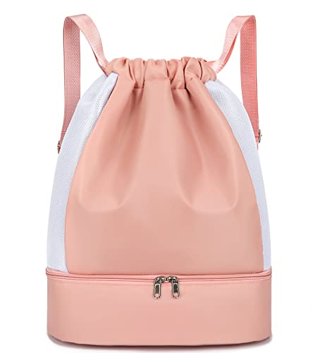 Keyck Bolsas de Cuerdas Mochila Mujer Chica, Gym Sack Impermeable Saco Gimnasia con Compartimento Zapatos y Bolsillo Húmedo, Oxford Drawstring Backpack Para Deporte Playa Escuela Viajes, Rosado